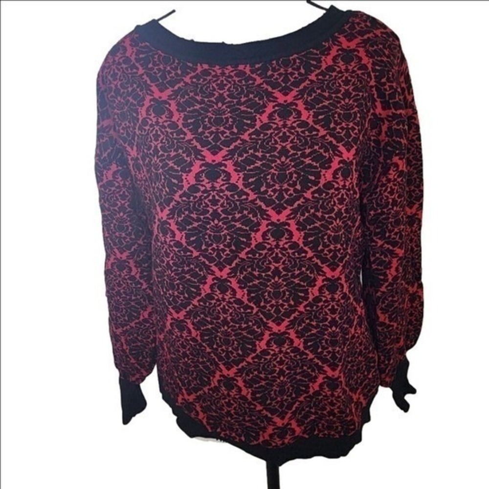 New York & Company Red Black Jacquard Puff Sleeve Sweater Women's L